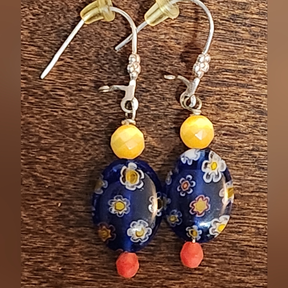 Floral Blue and Yellow Dangle Earrings steampunk gothic boho glam multicultural